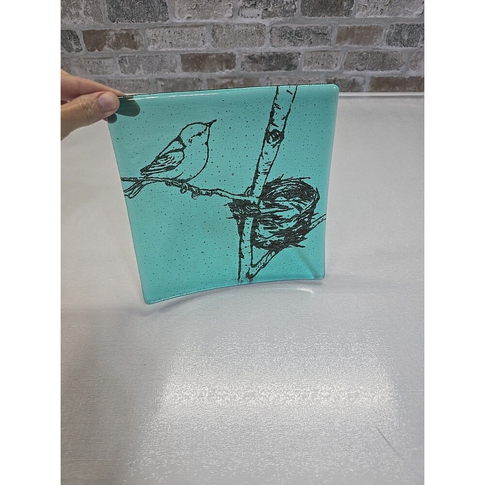 Fused Glass Decorative Serving Tray Plate Bird On Tree With Nest